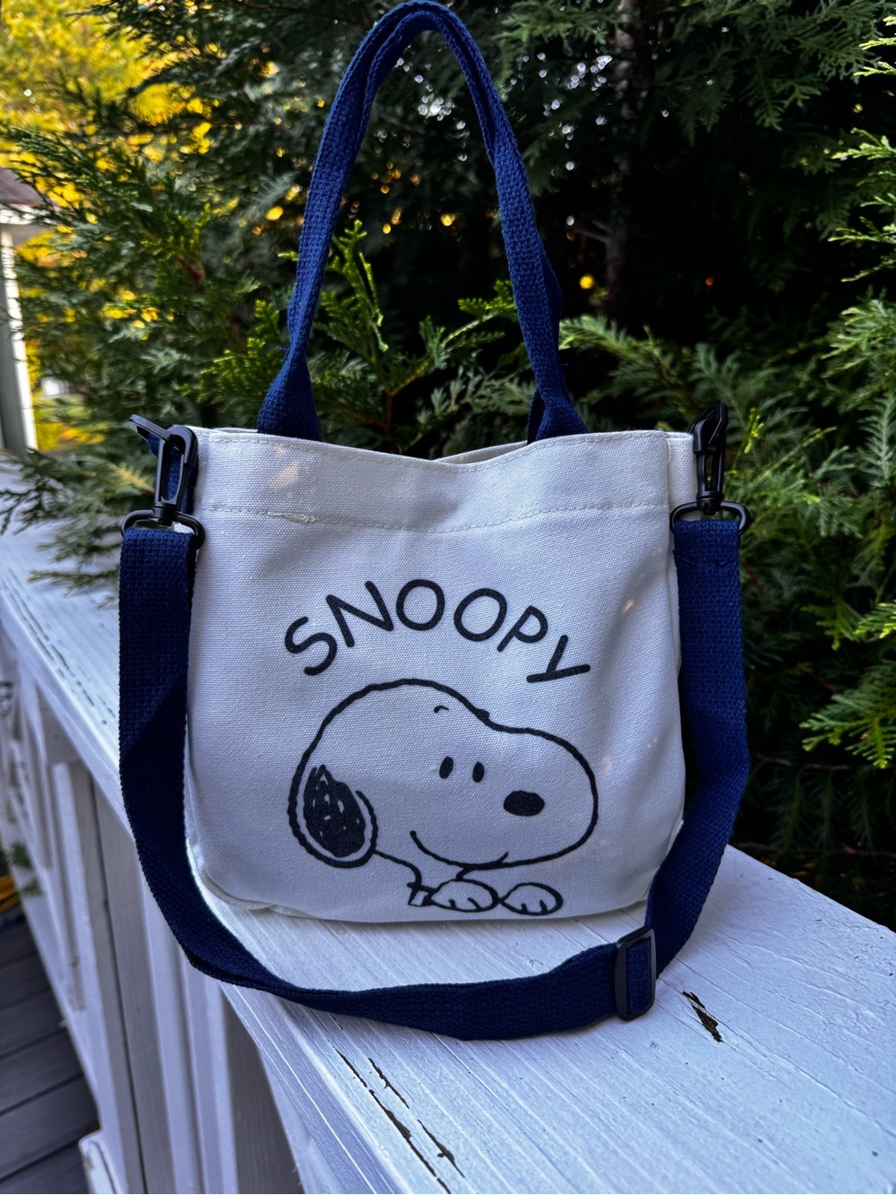 Snoopy  Canvas Crossbody Bag — White & Navy 8”x8”x2”, snap top, removable strap